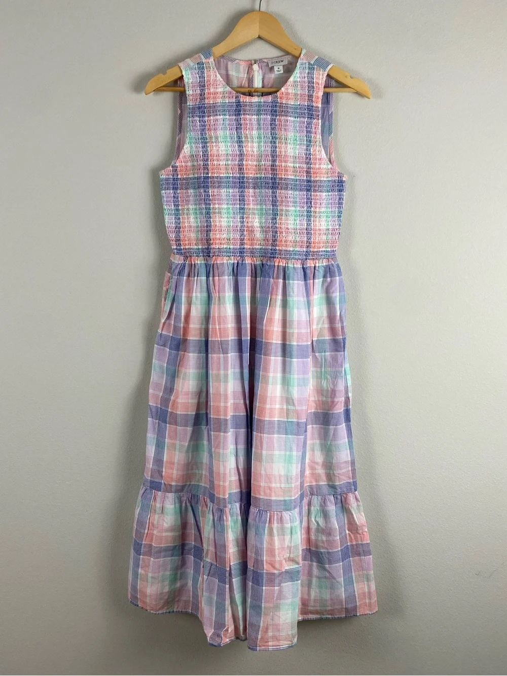 J. Crew Factory Pastel Plaid Smocked Midi Dress | 2 Pockets | Multicolor - Picture 1 of 16